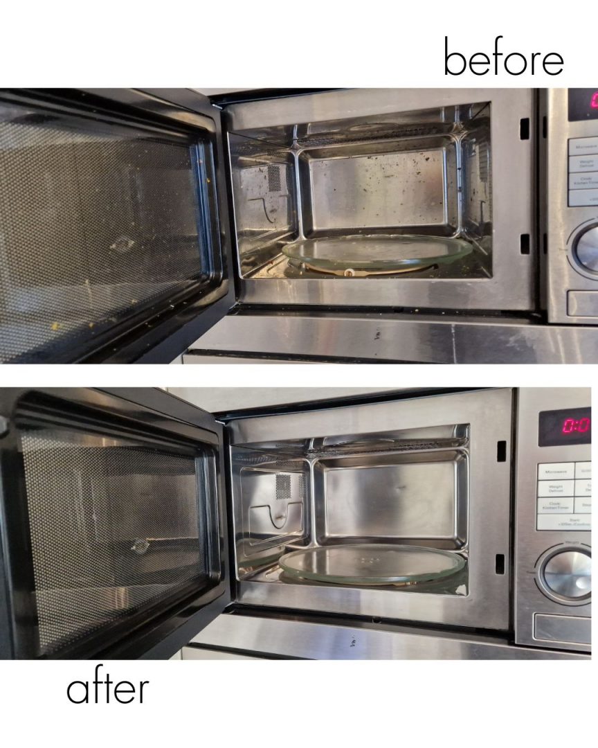 Inside of a microwave before and after a deep clean