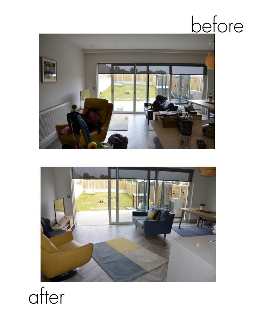 Open-plan living room before and after deep cleaning in Dublin