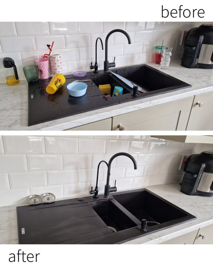 House cleaning in Dublin: a black kitchen sink before and after a deep clean