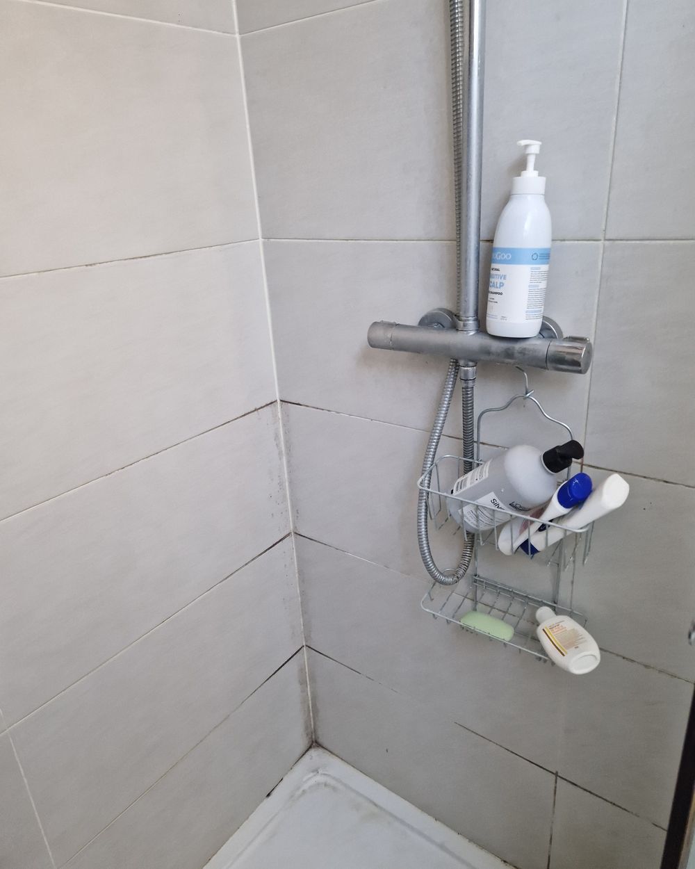Shower corner before cleaning, with grime along the grout and the shower tray